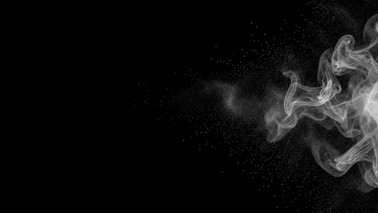 Wispy white smoke dissolving into fine drifting particles against a solid pure black background
