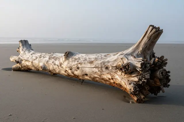 Weathered driftwood log rests on smooth sand across a misty shoreline at pale dawn.