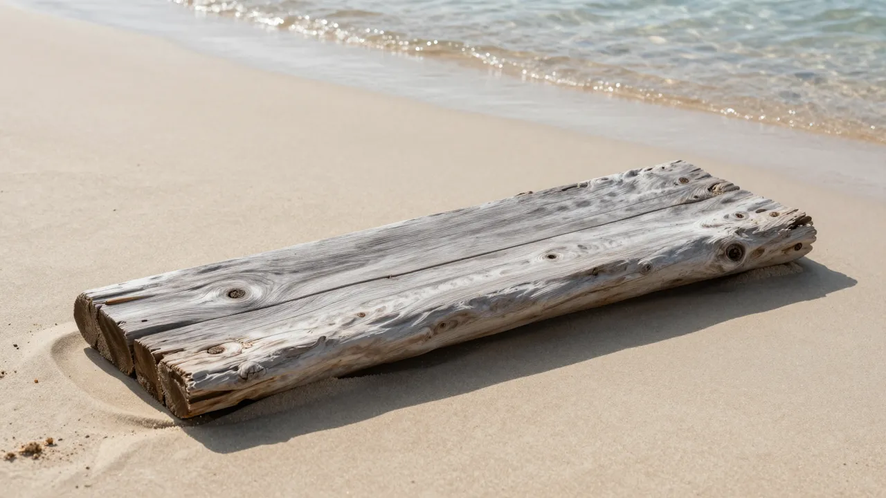 Weathered driftwood plank rests on pale beach sand next to gentle lapping shoreline waves in bright morning light