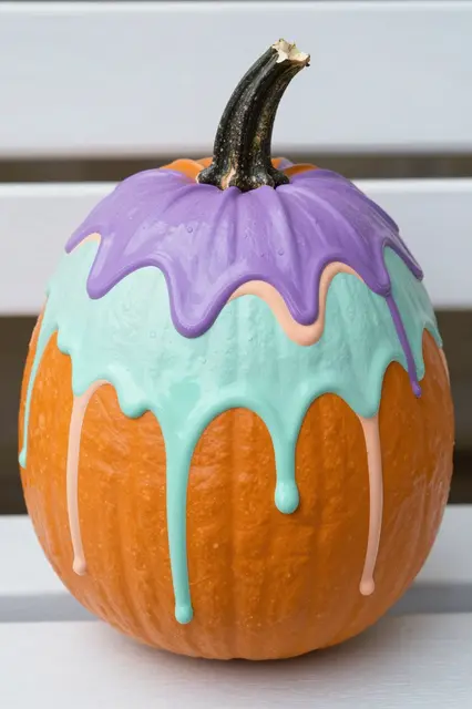 A decorated pumpkin with layered lilac, mint, and peach drip paint sits on a white slatted bench.