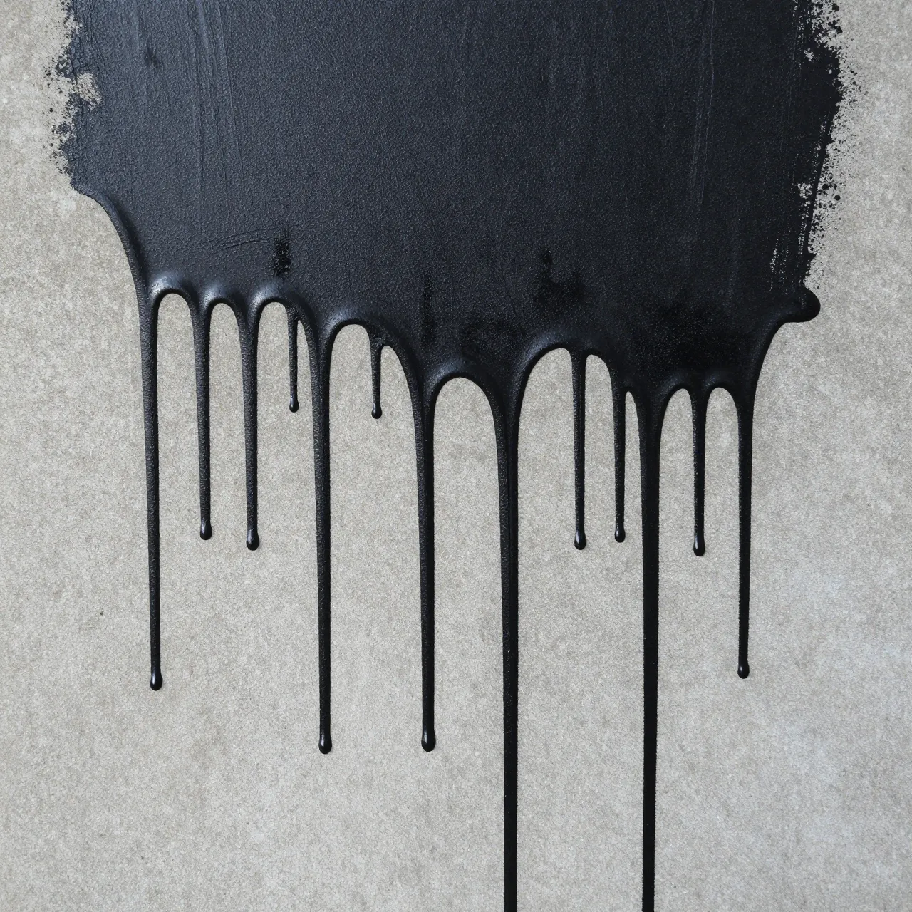 Thick dried black paint drips down over a light stained concrete surface under flat even lighting