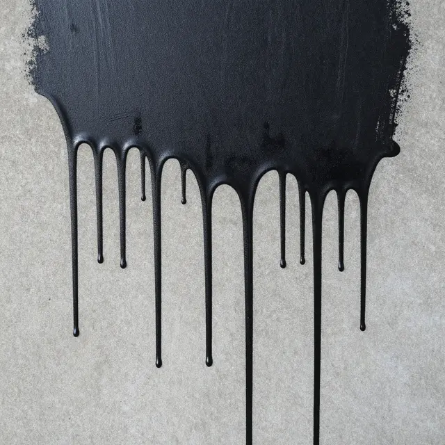 Thick dried black paint drips down over a light stained concrete surface under flat even lighting