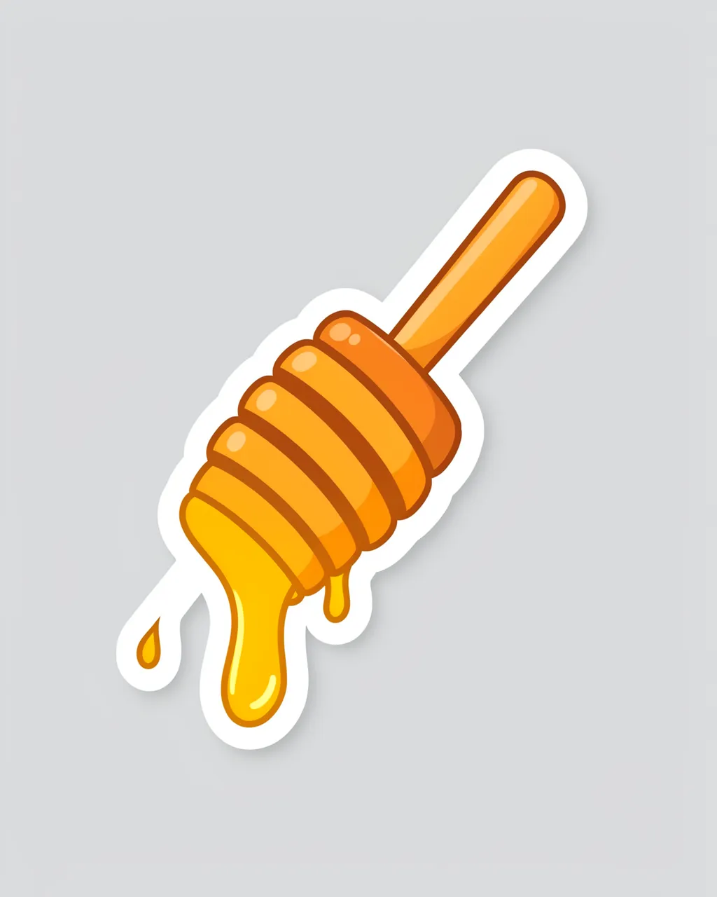 A cute die-cut sticker of a honey dipper dripping golden honey on a light gray background