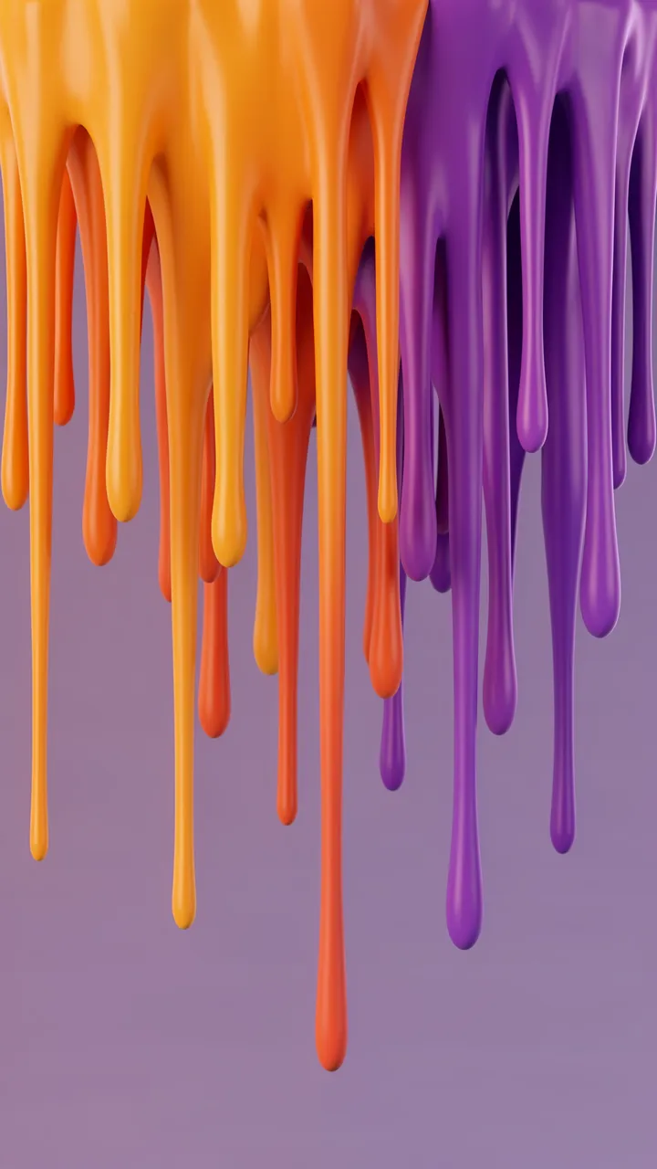 Glossy melting orange and violet gradient drips hang downward against a soft purple background