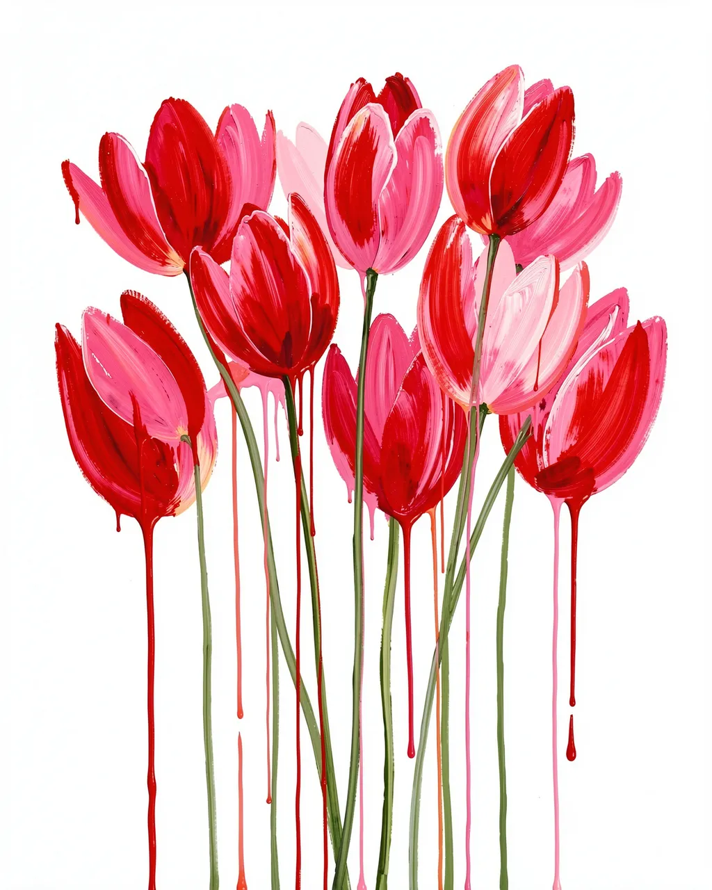 Abstract painted red and pink tulips with visible paint drips from petals and stems against a plain white background