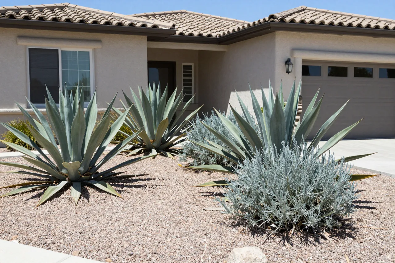 Bright sunlit front yard of a stucco house with gravel, agave and ornamental grasses