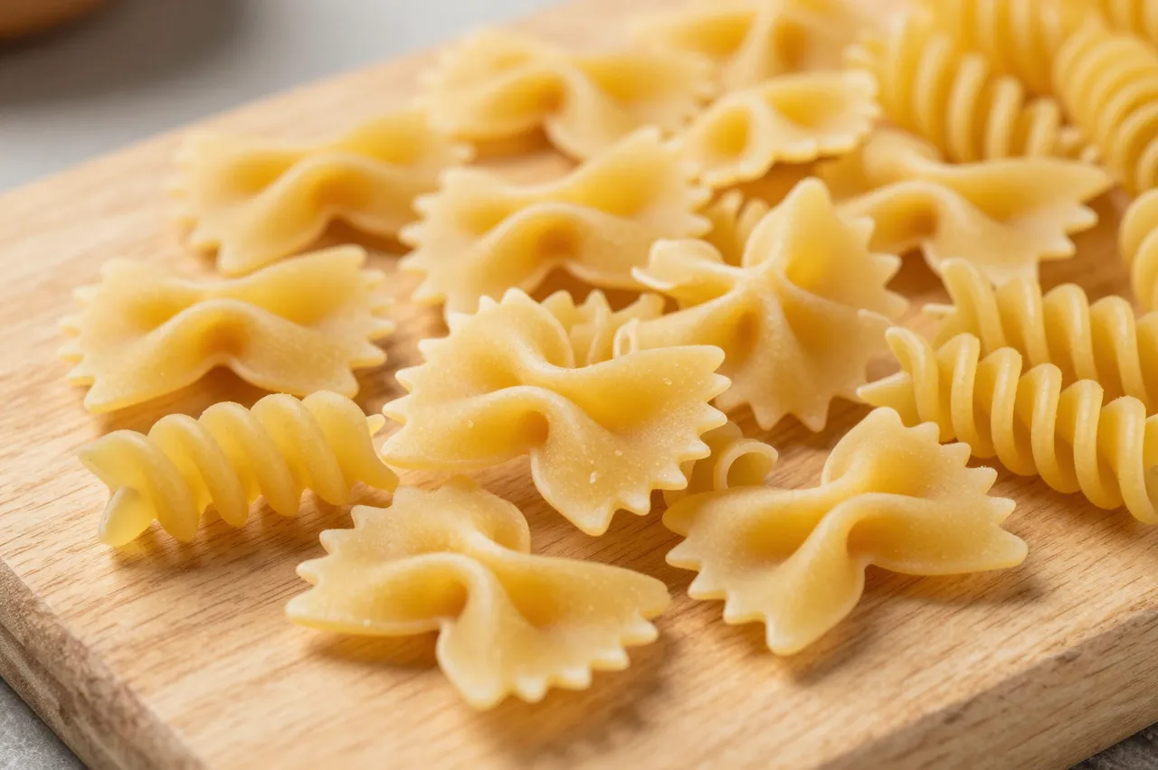 Uncooked farfalle and fusilli pasta arranged on a light wooden cutting board