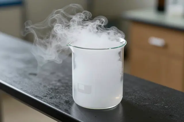 Thick white fog rises from a glass beaker holding dry ice sitting on a black lab bench