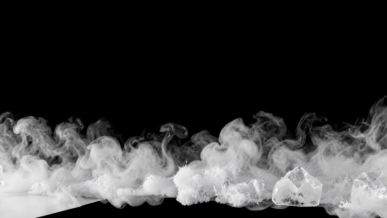 Wispy white dry ice fog and ice chunks creep along the bottom edge of a solid pure black background