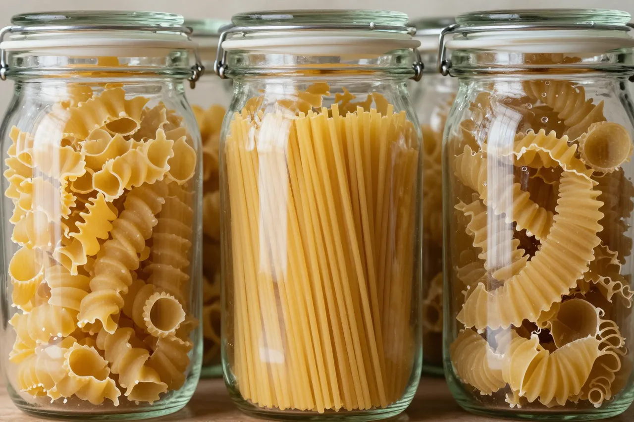 Sealed glass storage jars filled with assorted dry pasta varieties sit on a wooden surface