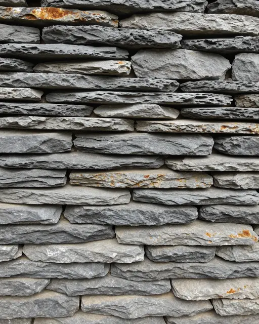 Full frame close up of a dry stacked slate wall with gray and rust tinted stone strips