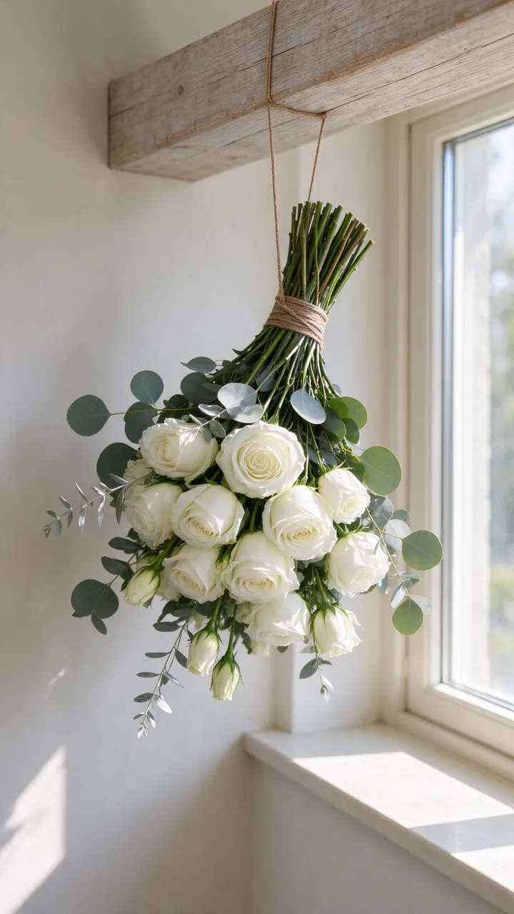 Upside down white rose and eucalyptus bridal bouquet hangs from a wooden beam beside a sunlit window.