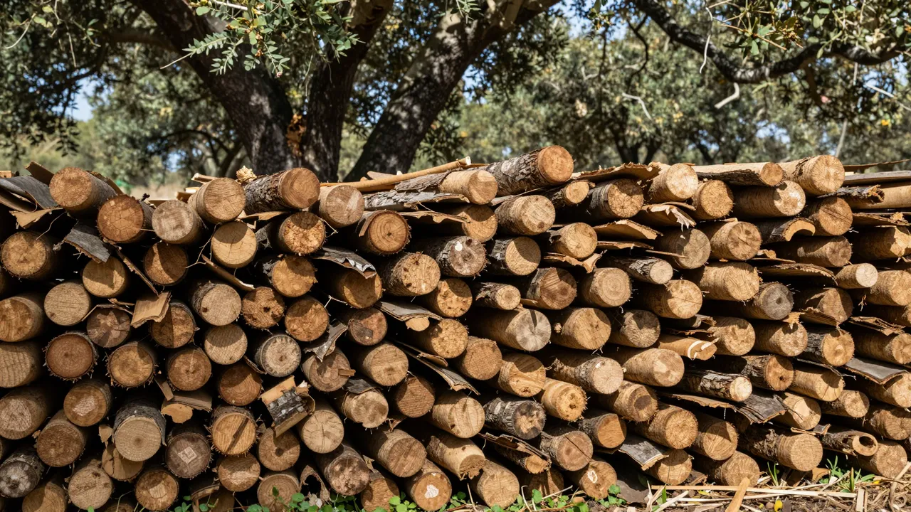 A stack of stripped cork oak logs and bark pieces dries in bright sun beside standing cork oak trees