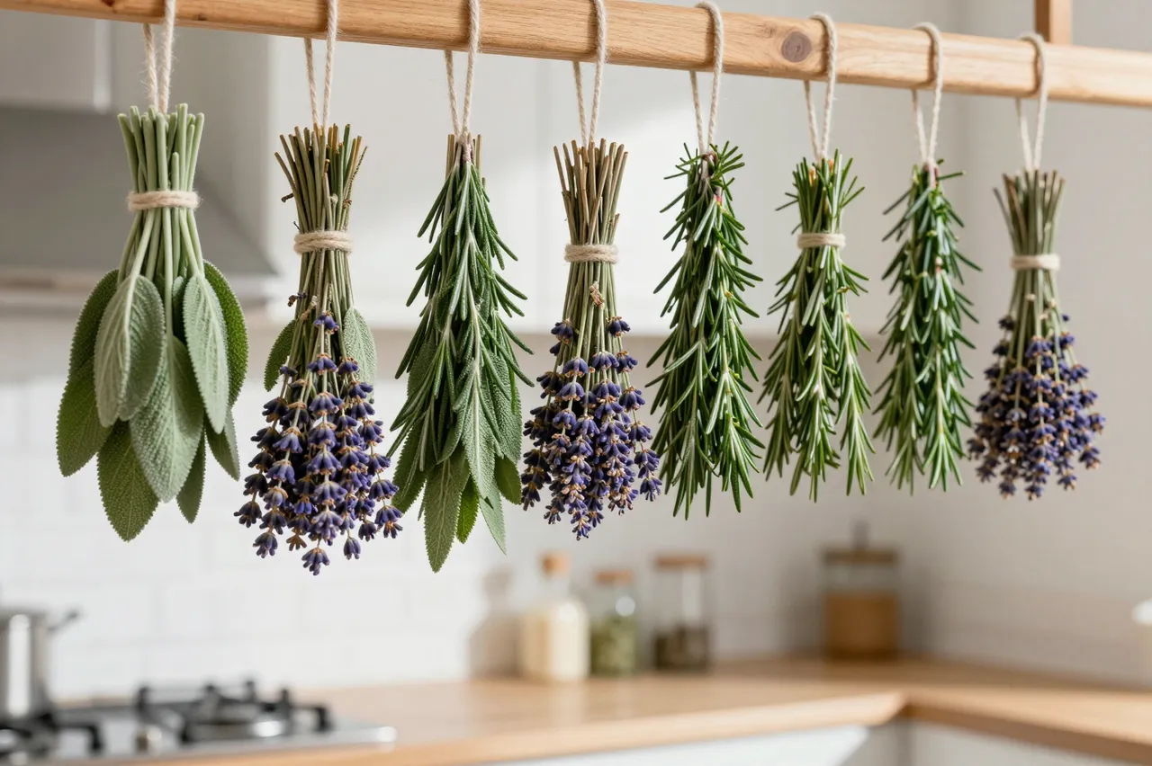 Bundles of sage, lavender and rosemary hang from a wooden beam to dry in a bright sunny kitchen