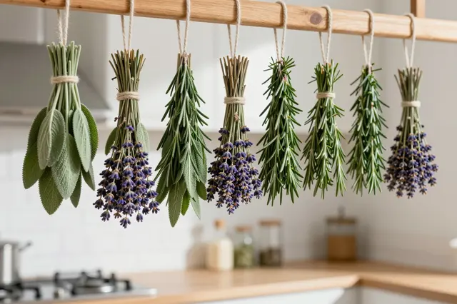 Bundles of sage, lavender and rosemary hang from a wooden beam to dry in a bright sunny kitchen