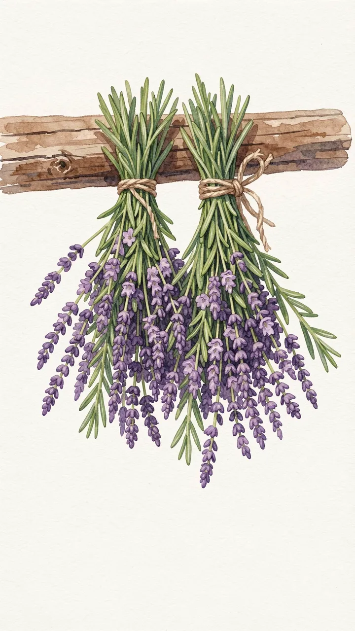 Watercolor gouache illustration of two tied lavender herb bunches hanging from a wooden beam against an off-white background.