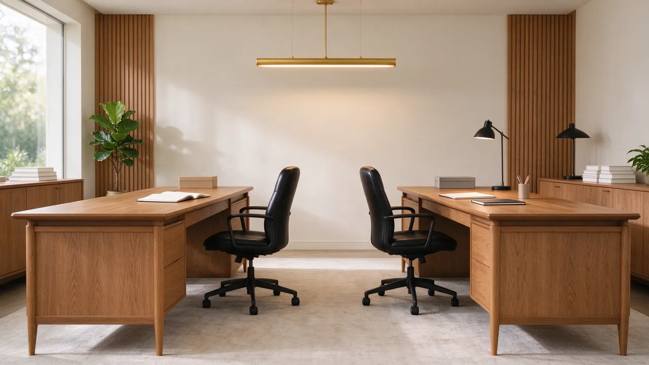 Modern shared home office with two facing oak desks, black leather chairs and a long brass pendant light