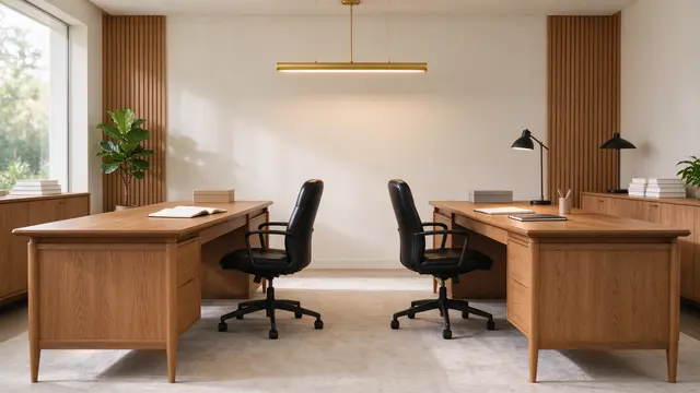 Modern shared home office with two facing oak desks, black leather chairs and a long brass pendant light