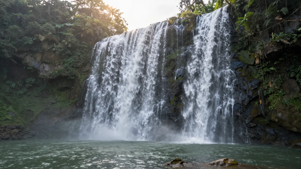 Two broad cascading waterfalls empty into a lush jungle pool as warm sunrise light filters through overhead trees