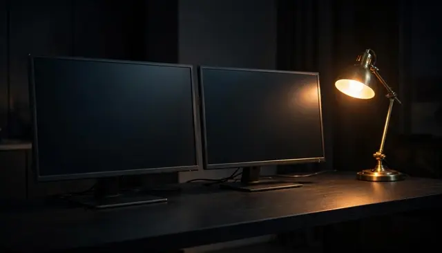 Two blank dark monitors sit on a black desk beside a glowing warm brass desk lamp at night