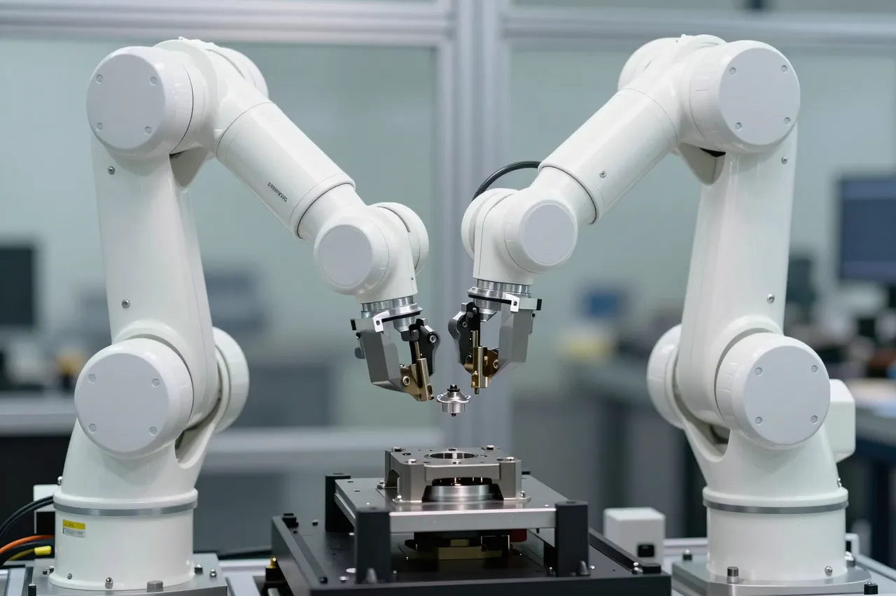 Two white robotic arms position a small metal part over a precision fixture in a clean factory assembly station