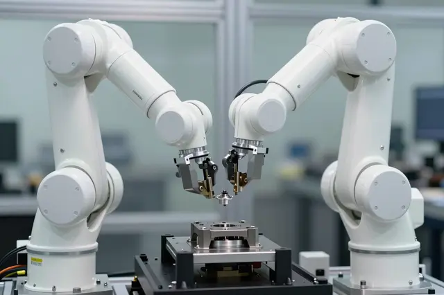 Two white robotic arms position a small metal part over a precision fixture in a clean factory assembly station