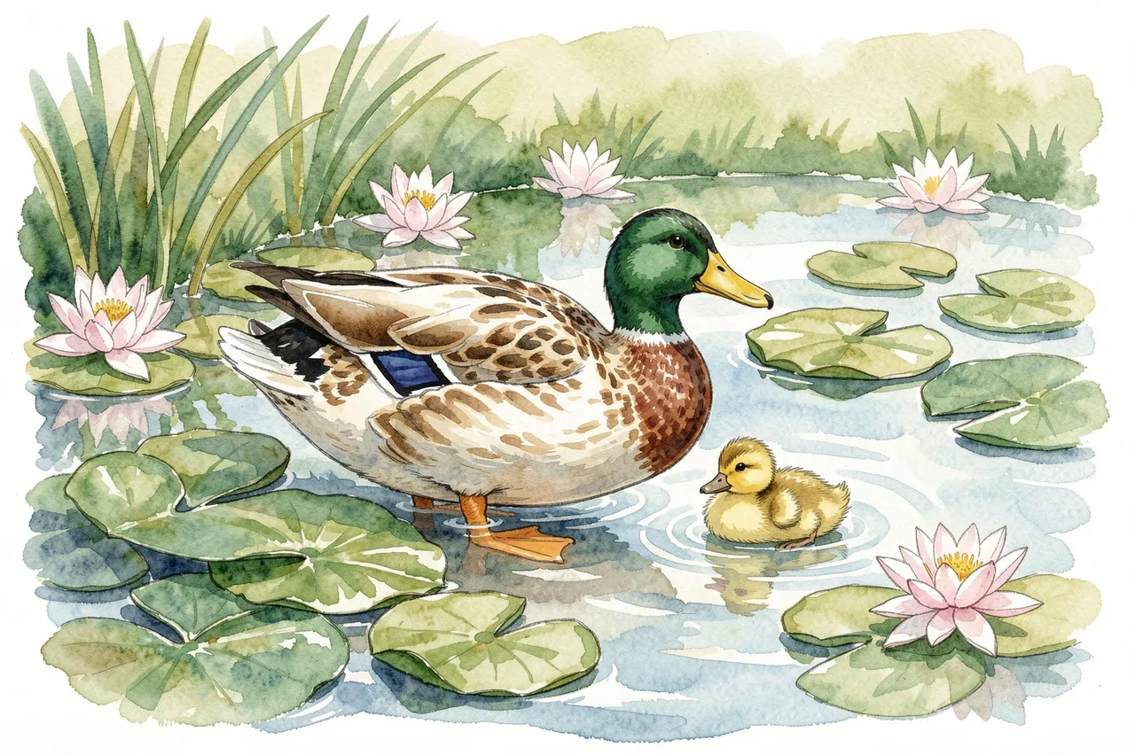 Watercolor illustration of an adult mallard duck and a fluffy yellow duckling floating on a calm pond dotted with pink water