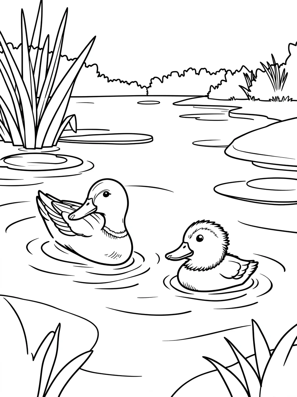 Black and white bold line art of a mother duck and fluffy duckling swimming on a calm pond surrounded by reeds