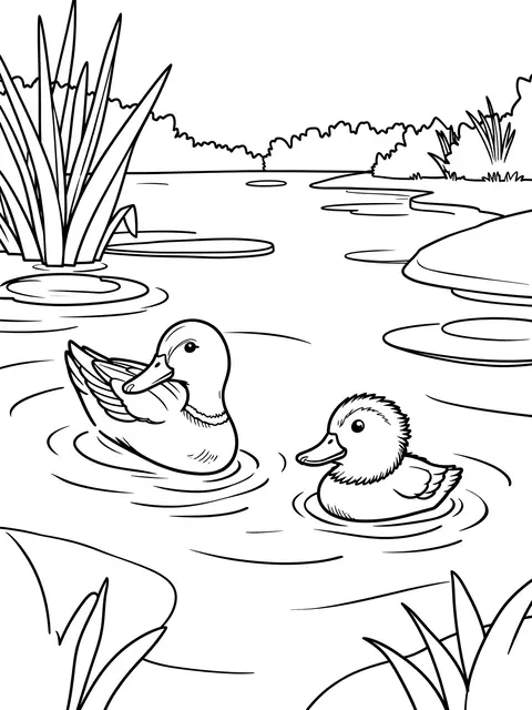 Black and white bold line art of a mother duck and fluffy duckling swimming on a calm pond surrounded by reeds