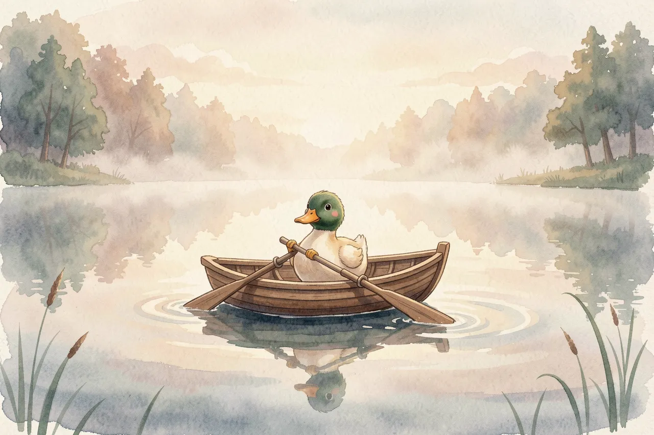 A cute mallard duck rows a small wooden rowboat across a misty calm lake at soft dawn