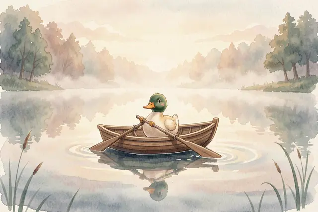 A cute mallard duck rows a small wooden rowboat across a misty calm lake at soft dawn