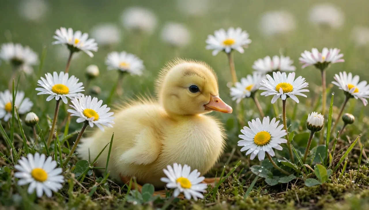 A fluffy yellow duckling sits in grass surrounded by white daisies in soft morning light