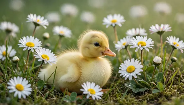 A fluffy yellow duckling sits in grass surrounded by white daisies in soft morning light