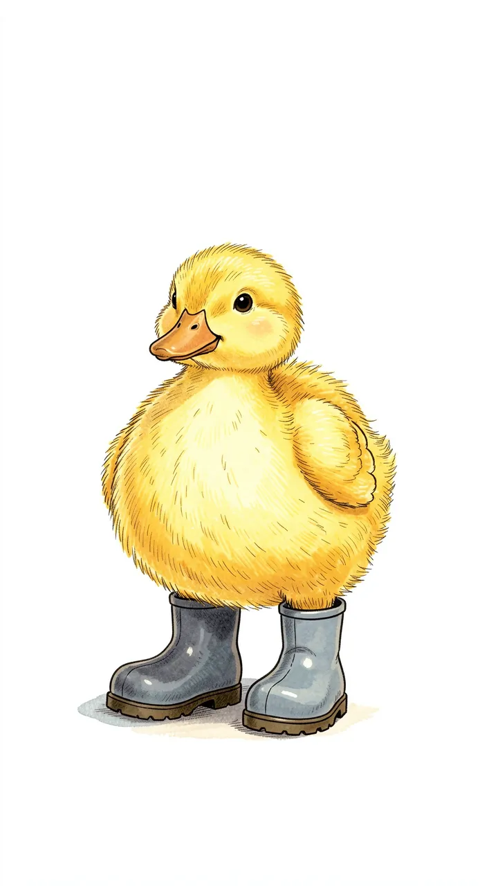 A fluffy yellow duckling stands wearing mismatched gray rain boots against a plain white background