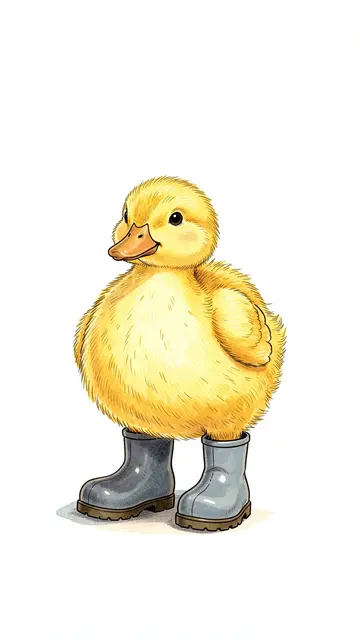 A fluffy yellow duckling stands wearing mismatched gray rain boots against a plain white background