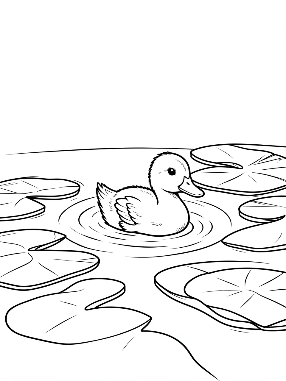 Black and white line art of a duckling swimming among lily pads on a white background