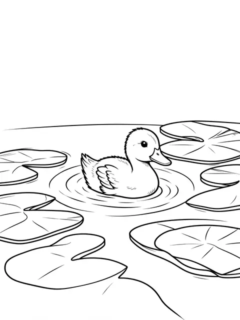 Black and white line art of a duckling swimming among lily pads on a white background