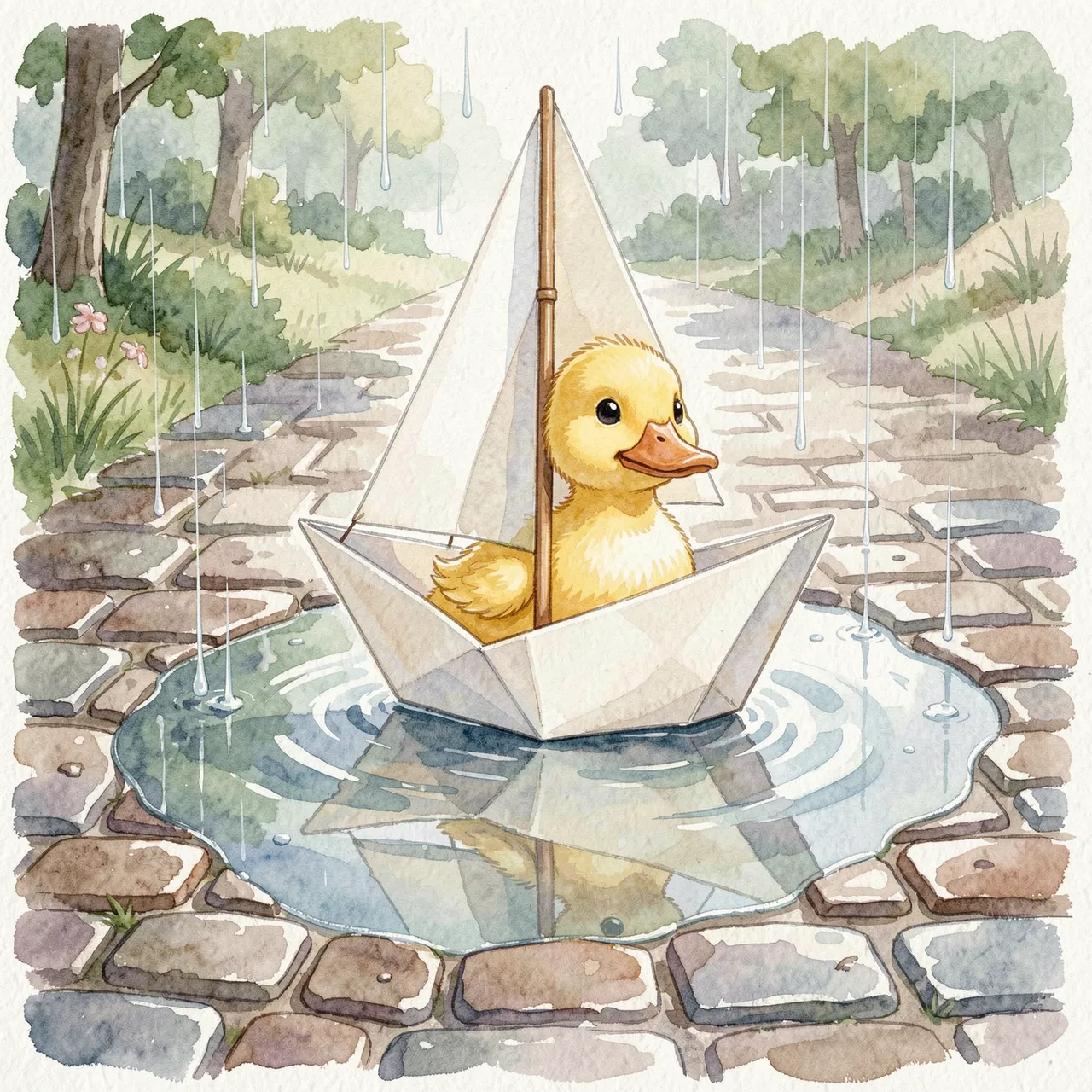 A fluffy yellow duckling sits inside a paper sailboat floating in a rain puddle on a cobblestone path during a light rain.
