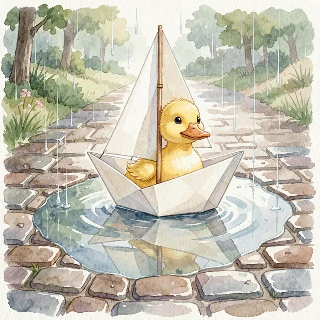 A fluffy yellow duckling sits inside a paper sailboat floating in a rain puddle on a cobblestone path during a light rain.