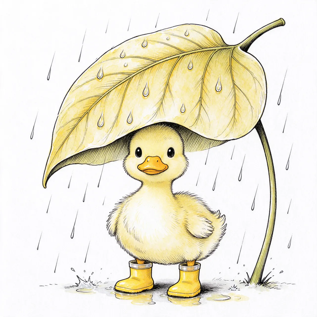 Cute fluffy yellow duckling wearing tiny rain boots shelters under a large leaf during rain