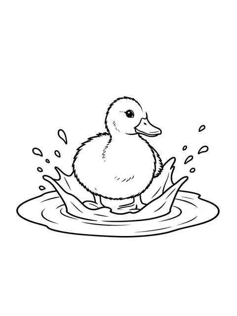 Simple bold black line art of a duckling splashing in a small puddle on a white background