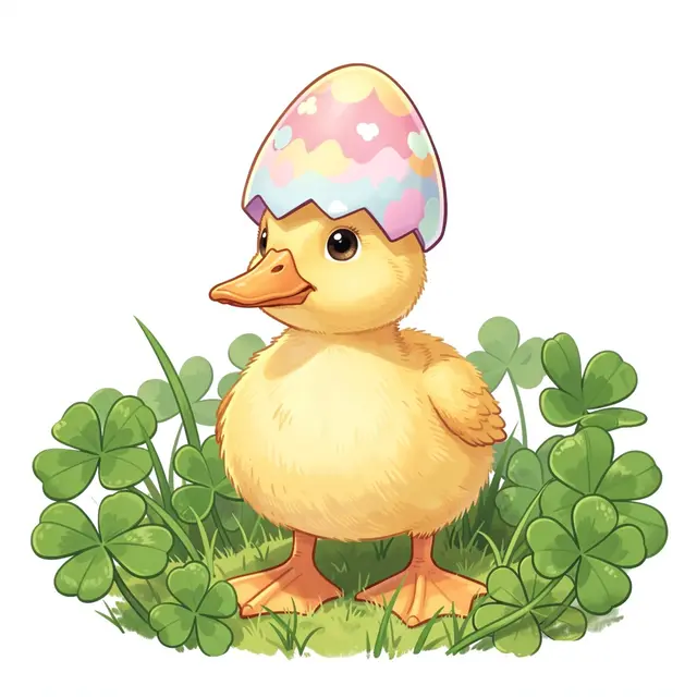 Cute yellow duckling wears a pastel decorated Easter eggshell hat while standing among clover leaves.