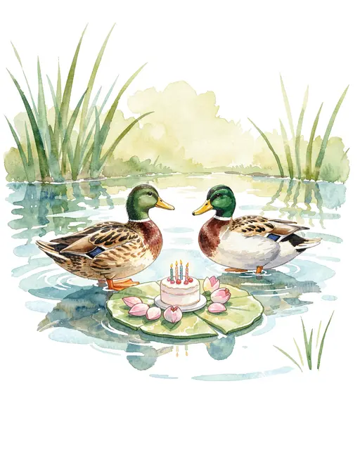 Two mallard ducks float in a pond beside a tiny birthday cake resting on a lily pad