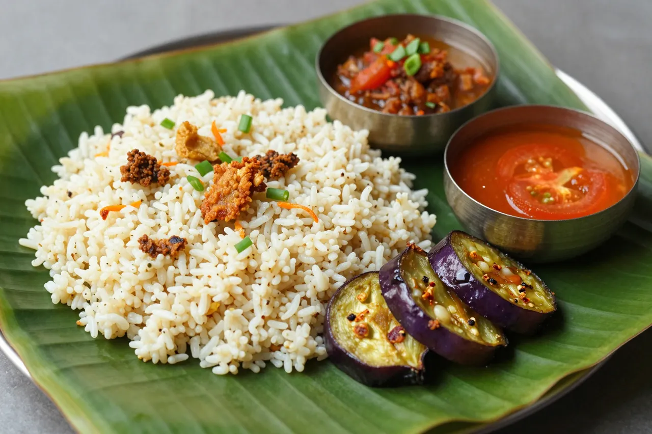 Bengali feast of khichuri, fried eggplant and condiments arranged on a fresh green banana leaf