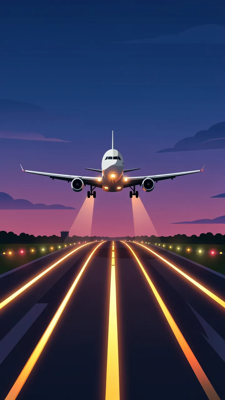 A commercial jet takes off from a glowing airport runway under a gradient dusk sky