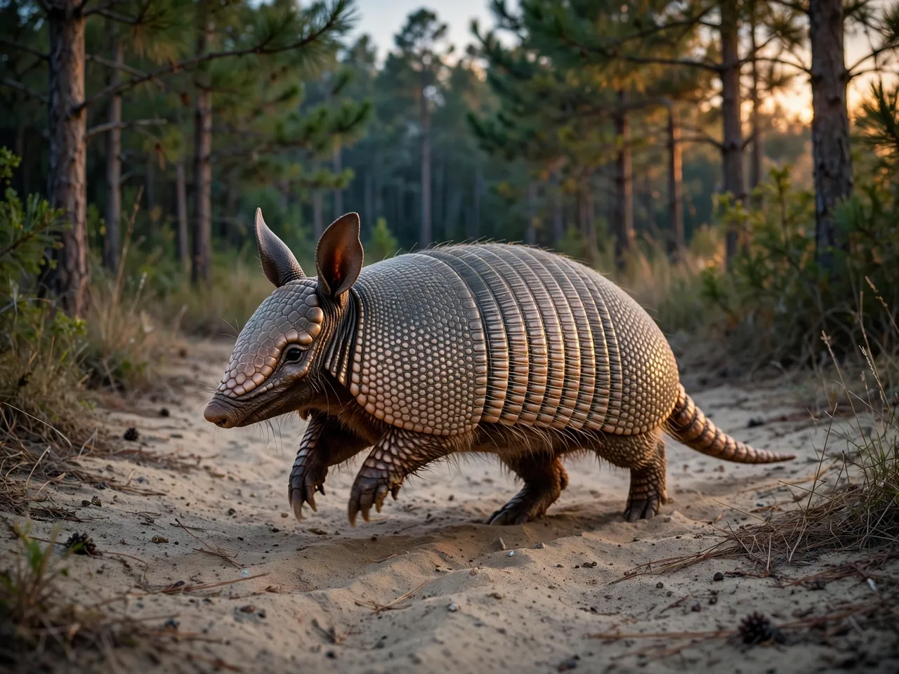 An armadillo trots along a sandy pine forest track as golden dusk light catches its armored shell