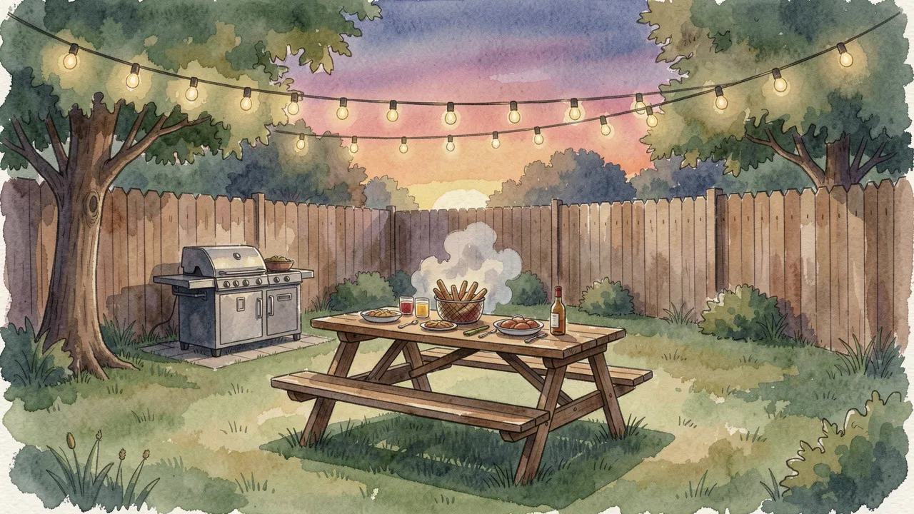 Watercolor illustration of a fenced backyard picnic table set for a barbecue under glowing string lights at sunset