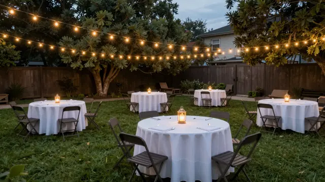 Festoon lights hang over round clothed tables with lanterns set up on a grassy backyard at dusk