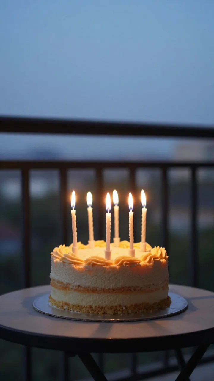 Layered birthday cake with lit glowing candles sits on a small round balcony table at twilight