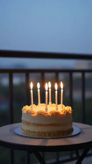 Layered birthday cake with lit glowing candles sits on a small round balcony table at twilight